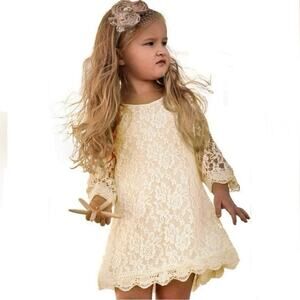 April Girl Kid’s Cream Lace Dress with Scalloped Cuffs and Hemline, Size 10/12